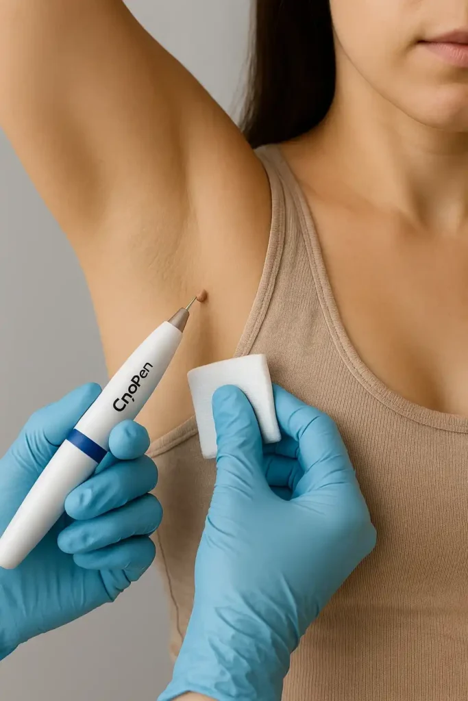 woman having cryopen to remove underarm skin tags Chorleywood