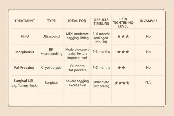 Table showing the comparisons of Skin tightening Chorleywood treatment options.